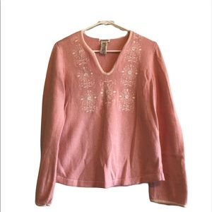 St. John's Bay Vintage Pink Sweater L Embroidered V Neck